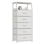 Furnulem White Dresser with 5 Drawers, Vertical Storage Tower Fabric Dresser for Bedroom, Hallway, Entryway, Nursery, Closet Organizer, Nightstand Bedside Table Furniture, Sturdy Steel Frame, Wood Top