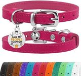 BRONZEDOG Leather Cat Collar with Removable Bells Non Breakaway Kitten QR Tag for Girl Boy (Pink & Silver, 9-12 inch)