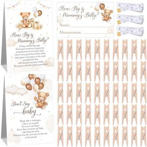 Suzile 105 Pcs Brown Bear Baby Shower Games Set Includes 1 Don't Say Baby Sign with 50 Mini Clothespins 1 How Big is Mommy's Belly Sign with 50 Pcs Guessing Cards 3 Rolls Measuring Tape