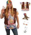 Hippie Costume Wig Set - Wig and Bandana - Necklace - Vest - Shirt - Glasses - Woodstock 1960s Gear, Multi, X-Large