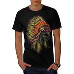 Wellcoda American Indian Skull Mens T-Shirt, Detailed Design Print Tee Black L