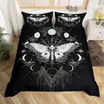 Death Moth Duvet Cover Set Queen Size Galaxy Sun and Moon Comforter Cover Boho Gothic Skull Bedding Set 3pcs for Kids Boys Teens Room Decor Black and White Quilt Cover with 2 Pillowcases, No Comforter