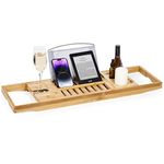 woodluv Luxury Bath Tray, Extendable Bath Caddy Tray for Bathtub Rack Bathroom Shelf with Candle, Wine Glass, Book, iPad & Phone Holders - Adjustable Bath Table Tray Over tub Bathroom Accessories