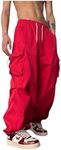 OYOANGLE Men's Baggy Cargo Pants Elastic Drawstring Waist Flap Pocket Y2K Hip Hop Trousers Red Large