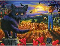 Bits and Pieces - 300 Piece Jigsaw Puzzle for Adults 18" x 24" - Cornfield Moon - 300 pc Black Cat Scarecrow Field Night Bat Halloween Autumn Jigsaw by Artist Bridget Voth