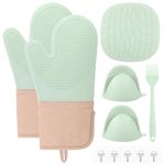 Green Oven Gloves Silicone Set, Durable Silicone Oven Mitts Heat Resistant, Potholders & Oven Gloves Double Heat Resistant for Cooking Kitchen Accessories, Rubber Gloves Oven with Sticky Hook & Brush