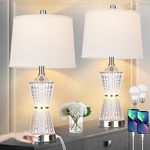 Modern Table Lamps, Set of 2 Table Lamp Night Light with 2 USB Charging Ports & AC Outlet, Bedside Nightstand Lamp White Shade for Living Room Bedroom Home Decor Silver(LED Bulbs Included)