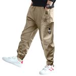 Rolanko Big Boys Joggers Cargo Pants with Pocket Elastic Waist Kids Cargo Trousers 4-14 Years (Khaki, 12-14)