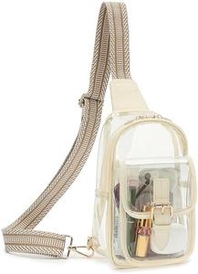 LOXOMU Clear Sling Bag, Clear Fanny Pack Stadium Approved PVC Crossbody Bag Transparent Chest Bag with Adjustable Guitar Strap (Beige)
