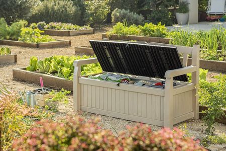 Keter Eden 265L Outdoor Storage Bench – Beige/Brown, All-Weather Garden Box