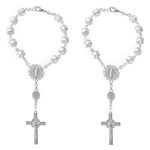 Rumyve Car Interior Mirrors - 2 Packs Rose Flower Pearl Car Mirror Hanging Charms with Cross, Silver