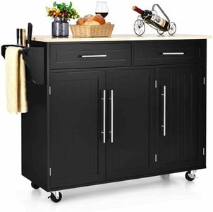Costway Kitchen Island on Wheels, Mobile Kitchen Storage Cart with Knife Rack, Towel Bar, 2 Drawers & 3 Doors, Buffet Sideboard with Rubber Wood Top for Home, Cafe, Restaurant (Black)