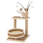 COSTWAY Cat Tree, 80cm Rattan Cats Tower with Cool Feeling Woven Platforms, Scratching Posts, Plush Cushion, Dangling Balls, Cat Furniture Activity Centre for Indoor Cats