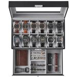 SONGMICS 12-Slot Watch Box, Lockable Watch Case with Glass Lid, 2 Layers, Black Synthetic Leather, Gray Lining UJWB012