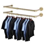 AddGrace 2 Pack Clothes Rack Gold Wall Mounted Industrial Pipe Clothing Rack Heavy Duty Clothes Rack for Hanging Clothes Multi-Purpose Closet Hanging Rack Garment Bar for Wardrobe and Laundry Room