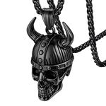 FaithHeart Black Skull Necklace, Punk Skull Head Pendant Jewellery Solid Stainless Steel Skeleton Neck Chain Adjustable 55cm+5cm