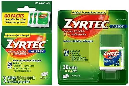 Zyrtec 24 Hour Allergy Relief Tablets, Indoor & Outdoor Allergy Medicine with 10 mg Cetirizine HCl Antihistamine for Allergies, Bundle of one, 30 ct Bottle & Three,1 ct Travel Packs