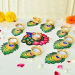 Ascension Decorative Peacock Tealight Candle Holder Stand Set of 9 - Mor Pankh Design Reusable Diya for Diwali Floor Rangoli Decoration Items, Home Decor, Diyas Indoor Outdoor Office Gifting,