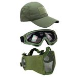 Yzpacc Airsoft Half Face Mask with Goggles& Patch Hat Set, Tactical Masks Full Face Ear Protective Baseball Cap for CS Halloween and Game (GN, 3PCS)