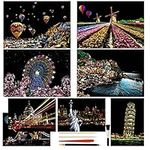 Heyu-Lotus 8pcs Scratch Art Paper Rainbow Painting Sketch City Series Night Art Craft Scratch Scratchboard for Adult and Kids with 5 Tools