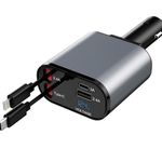AILKIN 120W 4 in 1 Retractable Car Charger,Super Fast Charge Car Phone Charger,Retractable Cables & 2 USB Ports Car Adapter for Android Phones & iPhone 16/15/14/13/12/11 Pro Max,Xr,Ipad,Pixel (Grey)