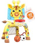 Move2Play, Giraffe Basketball Hoop & Soccer Goal Activity Center | 30+ Sounds & Songs + 5 Lights | 1 2 3 Year Old Birthday Gift for Girls | Toy for Baby & Toddlers (Yellow)
