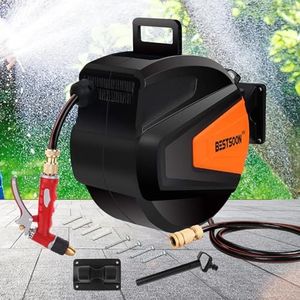 BESTSOON Hose Reel Retractable, Heavy Duty Garden Hose Reel with Sprinkler & 9- Function Sprayer Nozzle, Quick Connect, Any Length Lock/Automatic Rewind/Wall Mounted (30M(with 9 Metal Sprayer))