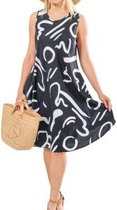 UNIQUE STYLES ASFOOR Midi Sundress, Vacation Outfits Sleeveless Floral Midi Dress for Women - Floral Print Loose Sundress Beach Cover Ups with Pocket, Summer Dress for Women 2024 - Black White, XL