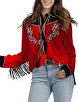 JOHN MOON Women's Embroidered Western Long Sleeve Buttons Down Shirts Collared Retro Casual Blouses Shirts, Red, Medium