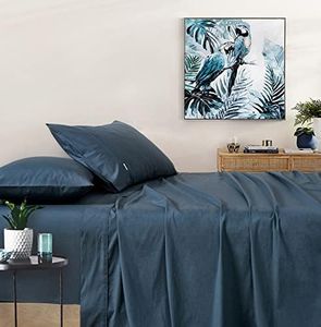 Gioia Casa Vintage Washed 100% Cotton Sheet Set with 2 Pillowcases - Ultra Soft, Comfy, Luxurious Bed Sheet - Flat & Fitted Sheet Set for Bedding - Dark Indigo - Queen Size