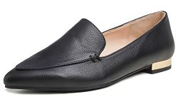 Feversole Women's Loafer Flat Pointed Deco Low Heel Fashion Slip On Dress Driving Office Shoes Black Vegan Leather Size 9 M US