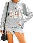 VILOVE Halloween Sweatshirt Women Cute Ghost Halloween Sweater Spooky Season Shirts Fall Crewneck Pullover Tops Grey