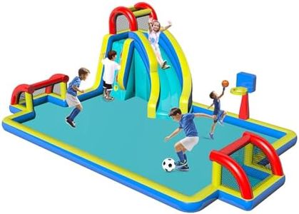 Inflatable Bounce House with Slide, Double Soccer Goal,Big Splash Pool,Basketball Hoop,Climb Wall,Outdoor Water Bouncer with Air Blower for Kids 2-12