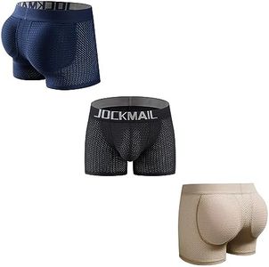 JOCKMAIL Mens Padded Boxer Brief for Enhancing Buttocks Male Underpants with Sponge Padding Panties 3 Pack, Black+ Navy+khaqi, Medium