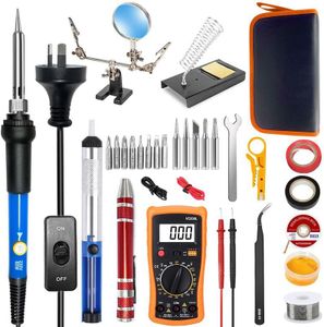 Soldering Iron Kit, 60W Adjustable Temperature, Soldering Station with Helping Hands, Digital Multimeter, 5 Soldering Iron Tips, Desoldering Pump, Wire Stripper, Solder Tube, Solder Wire, Tweezers