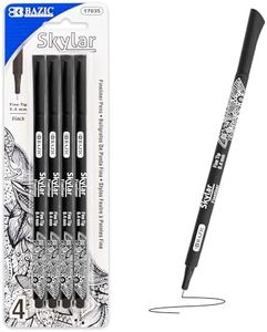BAZIC Products Skylar Fineliner Pen, Fine Tip 0.4mm Pens, Black Ink, Writing Drawing Bullet Journaling Notes for Art Graphic Office School, 4 Count, 1-Pack