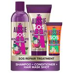 Aussie SOS Shampoo And Conditioner Set + Intense Shot Hair Mask for Dry Damaged Hair, Kiss Of Life Hair Repair Treatment With Australian Superfoods, Shampoo, Conditioner + Treatment