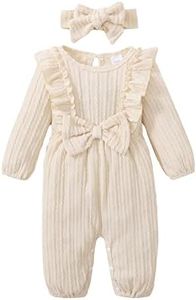 Happy Town Baby Girl Romper Infant Fall Winter Clothes Ruffle Sweater Long Sleeve Bodysuit Jumpsuit and Headband (Beige, 0-3 Months)