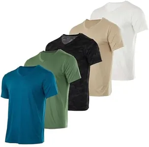 Real Essentials Athletic V Neck Tshirt Shirts T-Shirts Men Quick Dry Fit Tops Dri Fit Short Sleeve Active Wear Training Exercise Fitness Workout Shirt Tee Tees Gym Sports Top, Set 13, M, Pack of 5