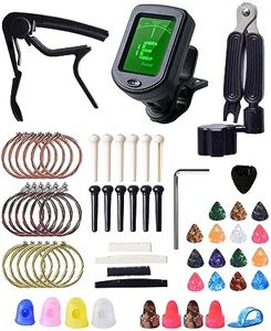 FBBULES Kit Accessori per Chitarra, 63 Pezzi con Accordatore per Chitarra, Capotasto, 3 set di Corde per Chitarra, 15 Plettri per Chitarra, Avvolgicorde, Chiave di Chitarra, Perni per Chitarra etc