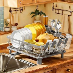 MOUKABAL Dish Drying Rack - Stainless Steel Dish Rack, Dish Racks for Kitchen Counter, Drying Rack Kitchen with Removable Utensil Holder, Drainboard and Glass Organizer (Grey)