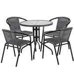 Flash Furniture 28'' Round Glass Metal Table with Gray Rattan Edging and 4 Gray Rattan Stack Chairs