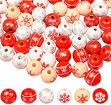 MFUOE 60 Pieces Snowflake Beads 16mm Christmas Wooden Beads with 30 Feet Twine for Crafts Ornaments Jewelry Making Red