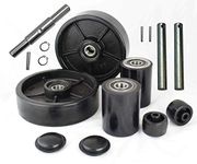 Pallet Jack/Truck Full Set Black with Back Axle, Steering Wheels 7"x 2" Pair, Front Load Roller 2.75" x 3.75" Pair with Bearings ID 20mm Poly Tread Black with Entry Exit Roller and Protective Caps