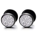 2pcs 10mm Mens Women Steel Circle Stud Earrings with CZ, Cheater Fake Ear Plugs Illusion Tunnel(CA)