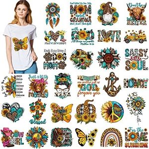 30 Pcs Sunflower Iron on Transfers Patches Decals Western Sunflower Appliques Cowboy Iron on Decals for T Shirts Iron on Heat Sticker for Clothes Bag Pillow Covers DIY Decorations