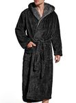 SlumberMee Mens Fleece Plush Robe with Hood Ultra Soft Fluffy Full Length Long with Pockets Luxurious House Coat (Black, L)