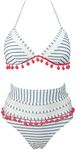 COCOSHIP Women's Mesh Striped High Waist Bikini Set Tassel Trim Top Halter Straps Swimsuit(FBA), Slategray Stripe, 16