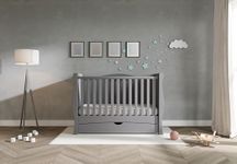 Viculii GILBERT Baby Sleigh Cot Bed with Drawer and Mattress 140x70x10cm | 3 in 1 Large Grey Cot Bed Converts to Toddler Bed Junior Bed