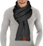 Loowoko Men's Women's Classic Waffle Knitted Scarf, Winter Scarf, Warm Plush Scarf, Long Scarf with Genuine Leather Finish, Gift for Men and Fathers,Black